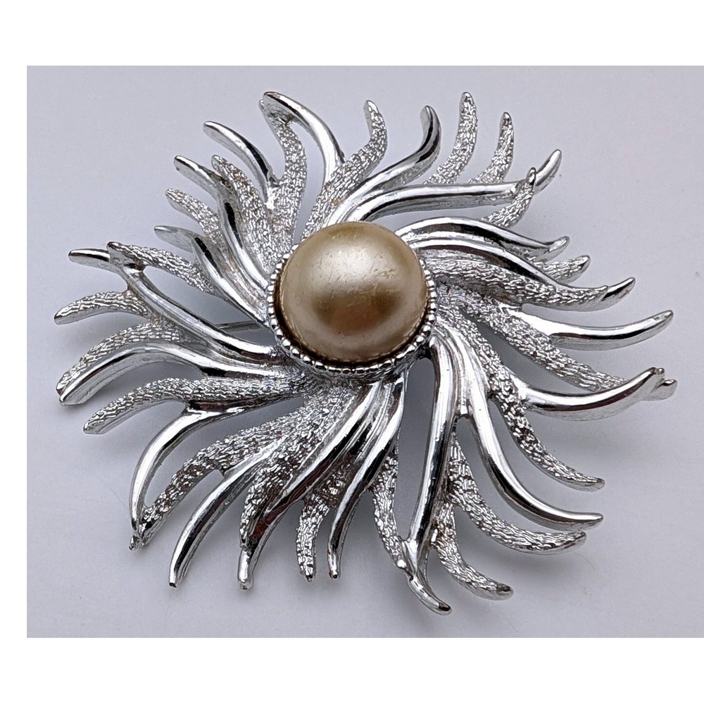 Sarah Coventry Vintage Sunburst Brooch Silver Tone Faux Pearl Textured Starburst